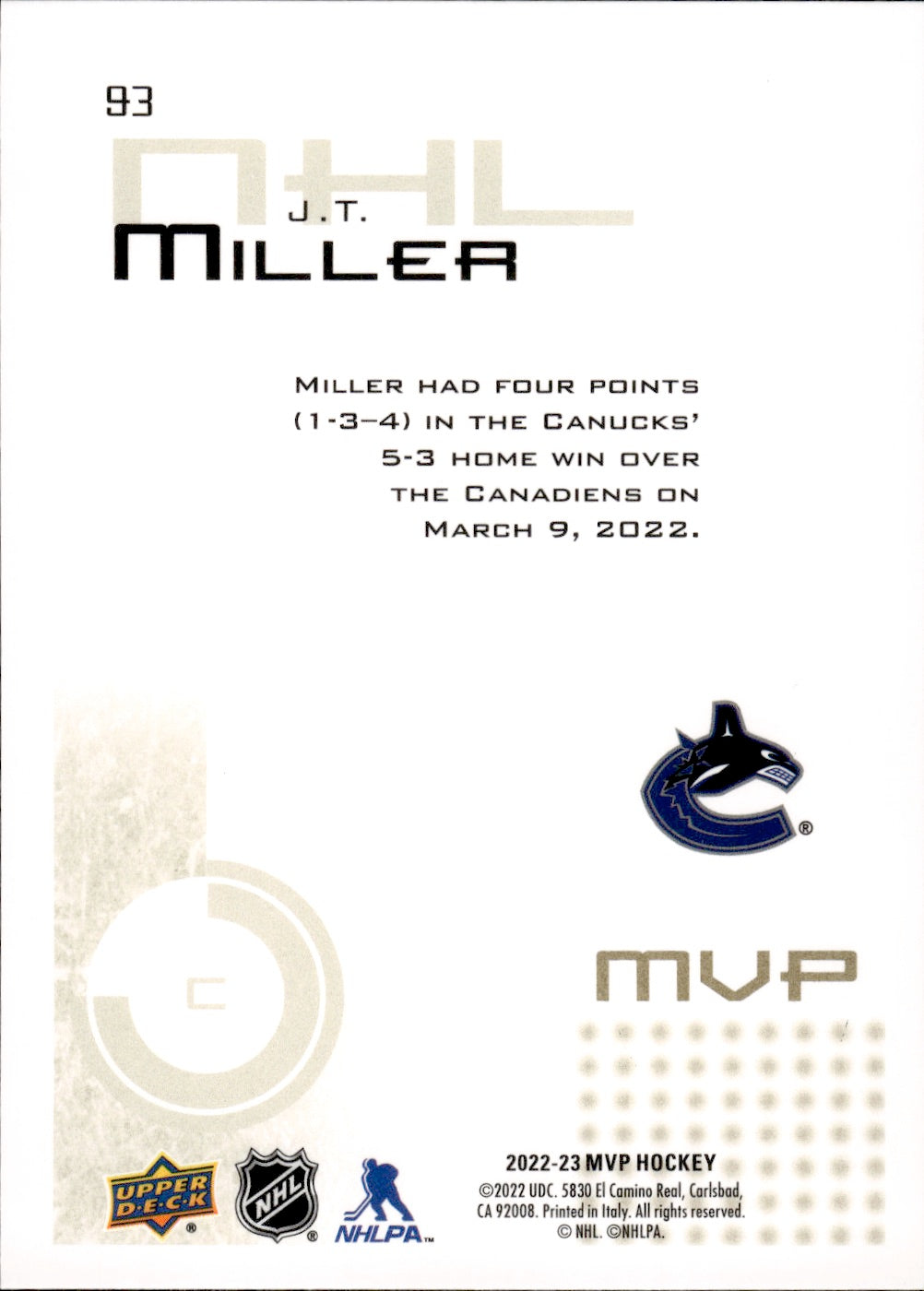 2022-23 Upper Deck MVP Hockey 20th Anniversery Gold Script #93 J.T. Miller - Vancouver Canucks