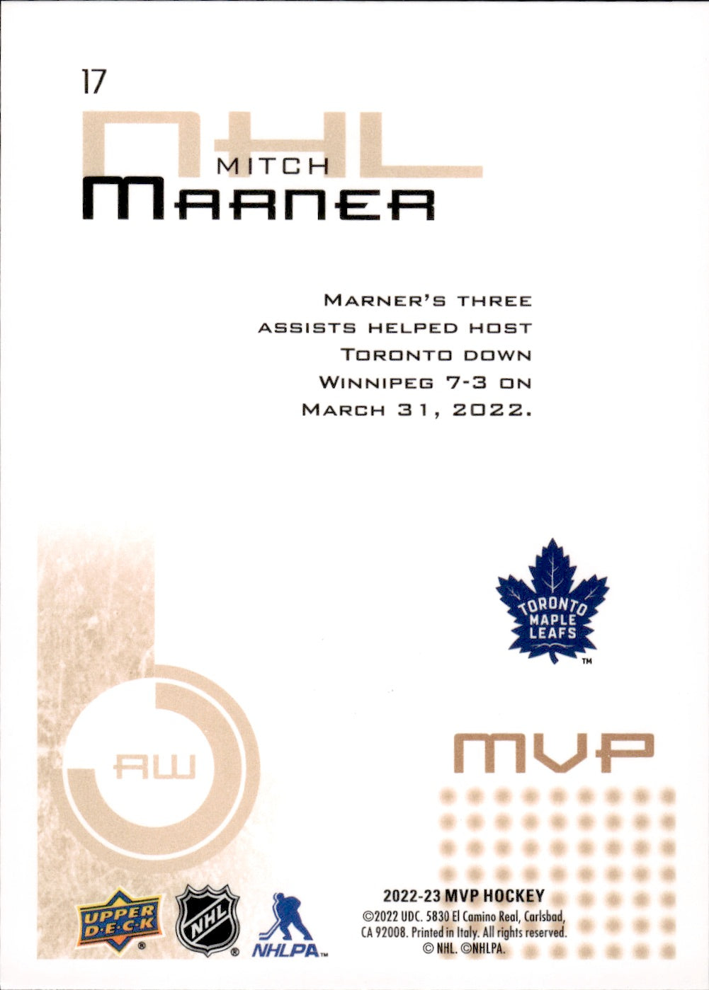 2022-23 Upper Deck MVP Hockey 20th Anniversery #17 Mitch Marner - Toronto Maple Leafs