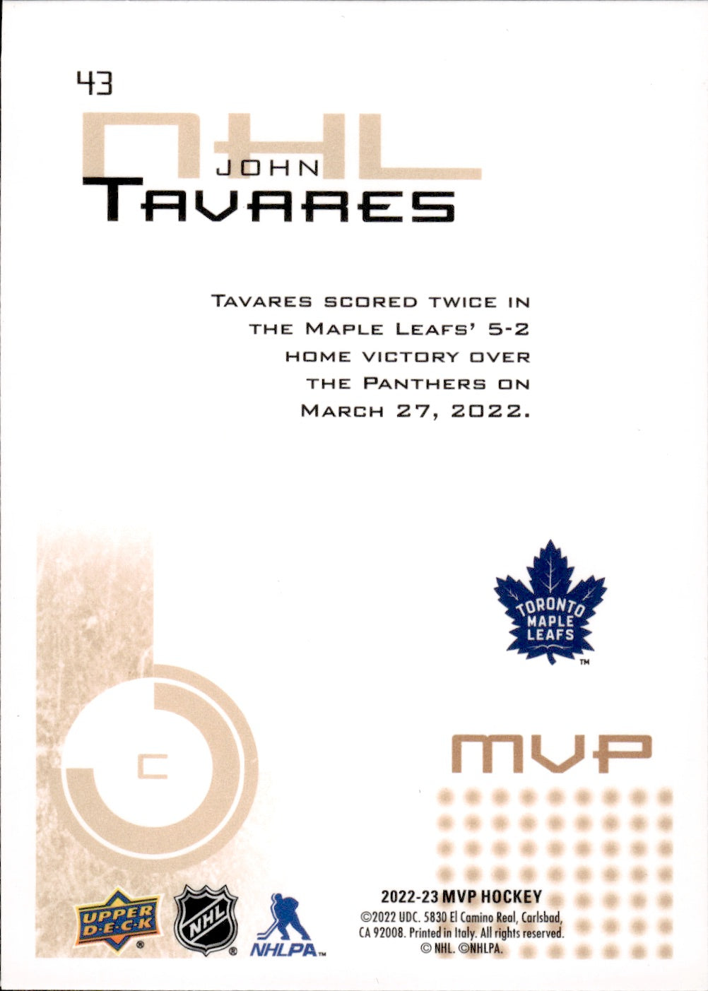2022-23 Upper Deck MVP Hockey 20th Anniversery #43 John Tavares - Toronto Maple Leafs