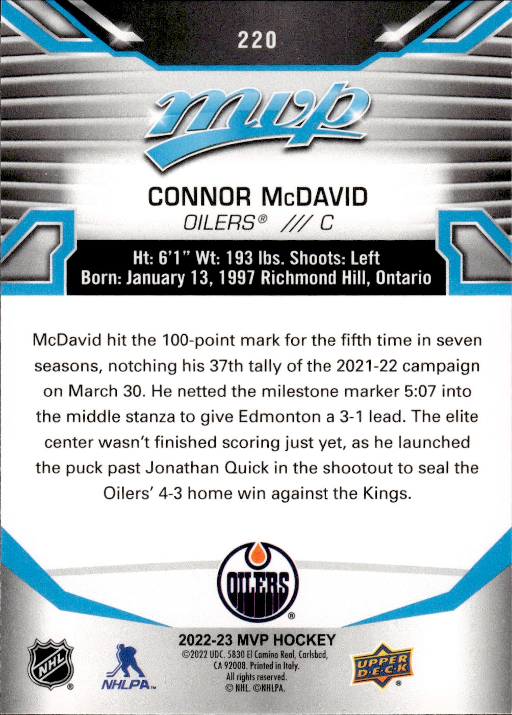 2022-23 Upper Deck MVP Hockey Base Blue #220 Connor McDavid - Edmonton Oilers