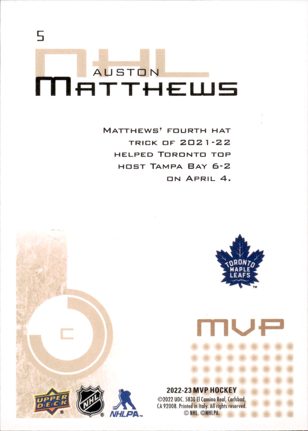 2022-23 Upper Deck MVP Hockey #5 Auston Mathews - Toronto Maple Leafs