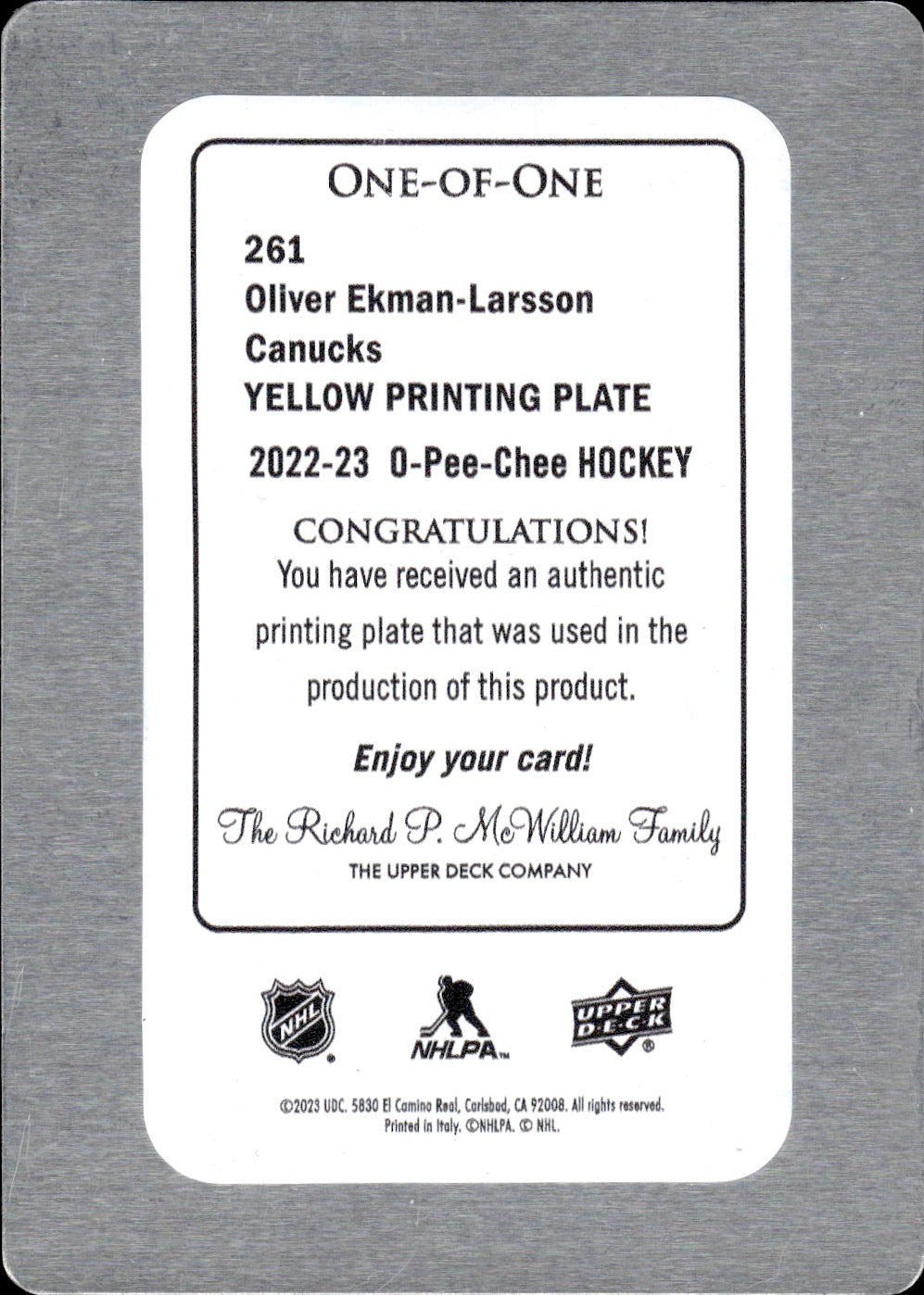 2022-23 Upper Deck O-Pee-Chee Hockey - Printing Plate - Yellow 1/1 #261 Oliver Ekman-Larsson - Vancouver Canucks