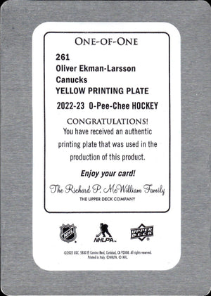 2022-23 Upper Deck O-Pee-Chee Hockey - Printing Plate - Yellow 1/1 #261 Oliver Ekman-Larsson - Vancouver Canucks