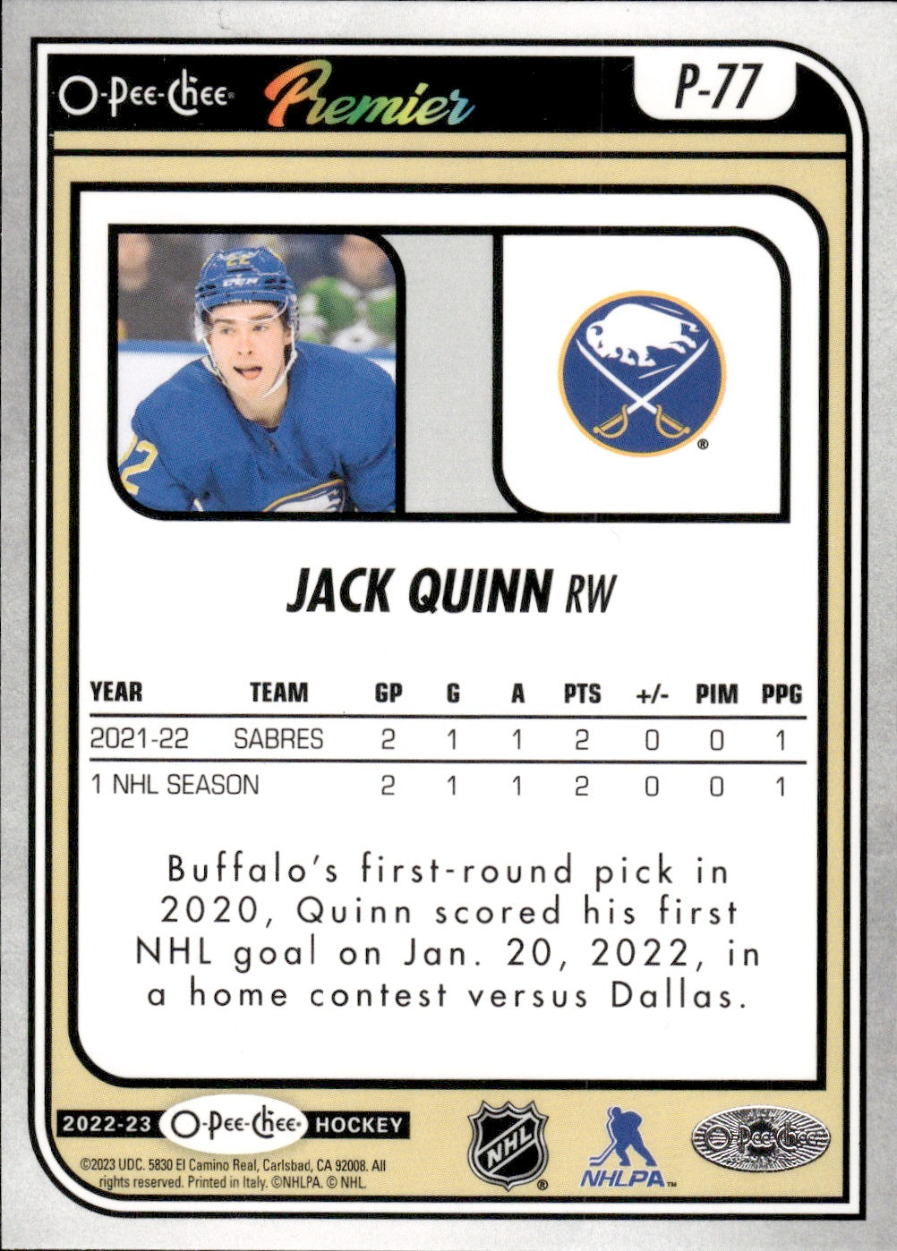 2022-23 Upper Deck O-Pee-Chee Hockey Premier Rookie #P-77 Jack Quinn - Buffalo Sabres