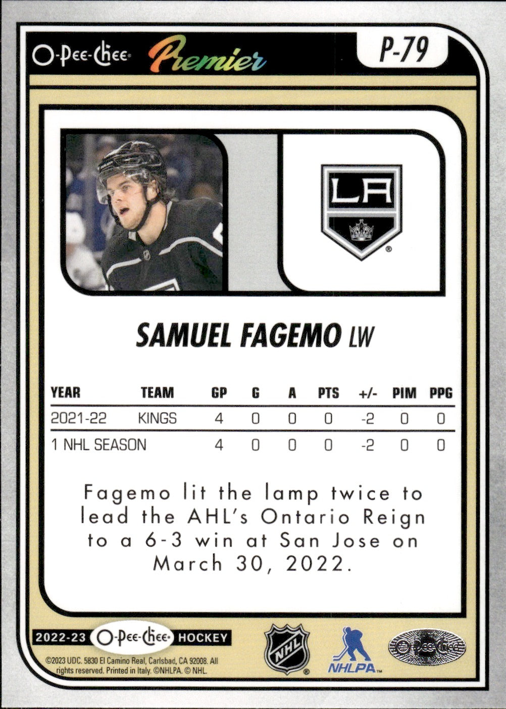 2022-23 Upper Deck O-Pee-Chee Hockey Premier Rookie #P-79 Samuel Fagemo - Los Angeles Kings