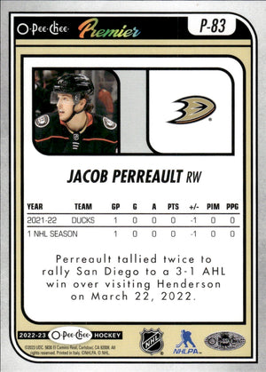 2022-23 Upper Deck O-Pee-Chee Hockey Premier Rookie #P-83 Jacob Perreault - Anaheim Ducks