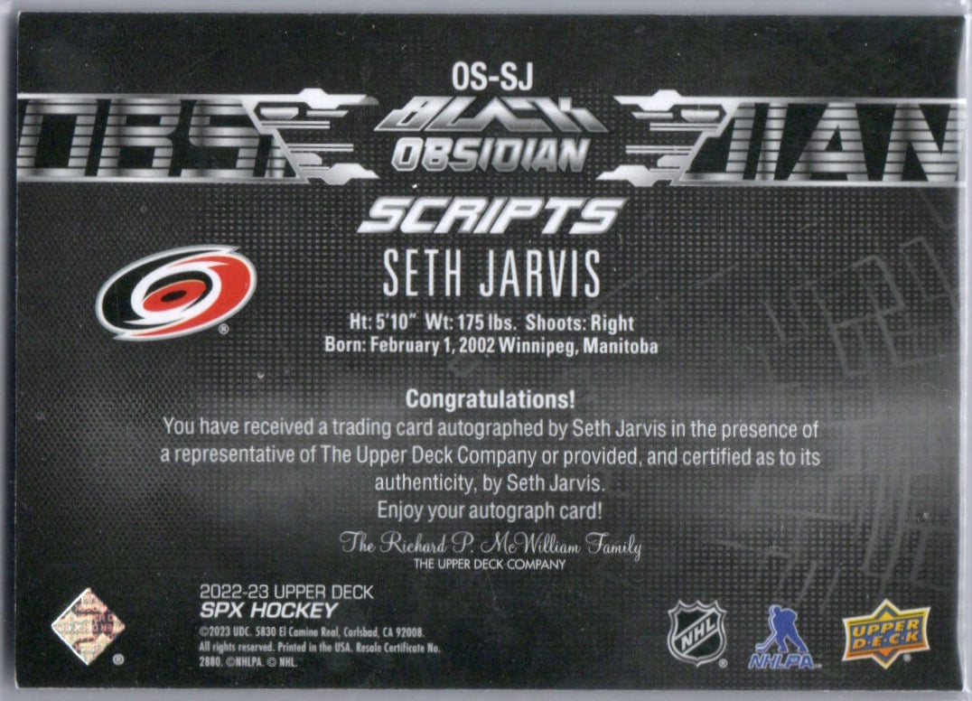 2022-23 Upper Deck SPX Hockey - Black Obsidian Scripts #OS-SJ Seth Jarvis - Carolina Hurricanes