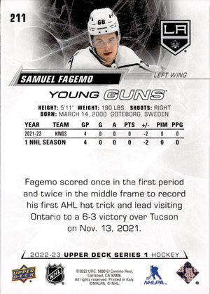 2022-23 Upper Deck Series 1 Hockey - Young Guns #211 Samuel Fagemo - Los Angeles Kings