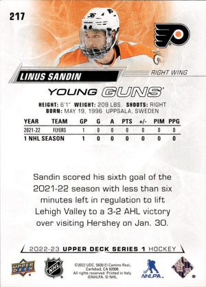 2022-23 Upper Deck Series 1 Hockey - Young Guns #217 Linus Sandin - Philadelphia Flyers