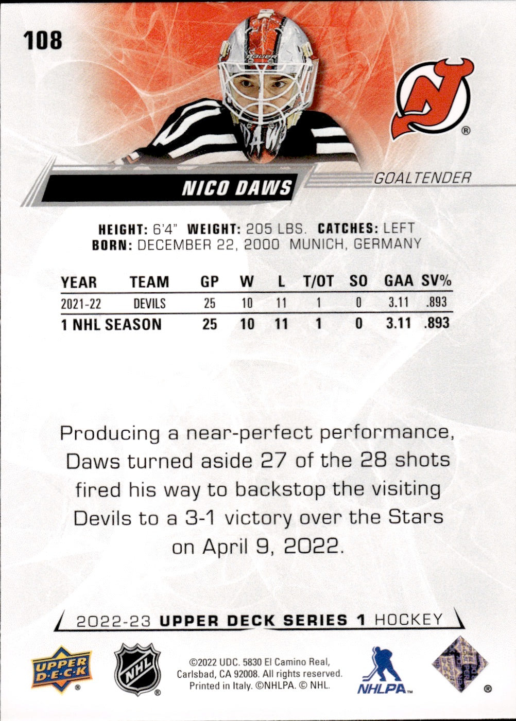 2022-23 Upper Deck Series 1 Hockey Base #108 Nico Daws - New Jersey Devils