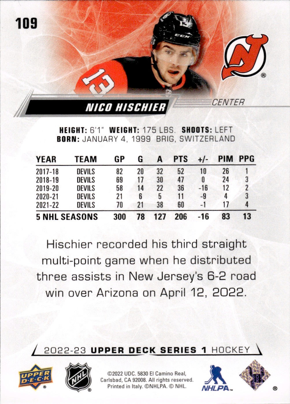 2022-23 Upper Deck Series 1 Hockey Base #109 Nico Hischier - New Jersey Devils