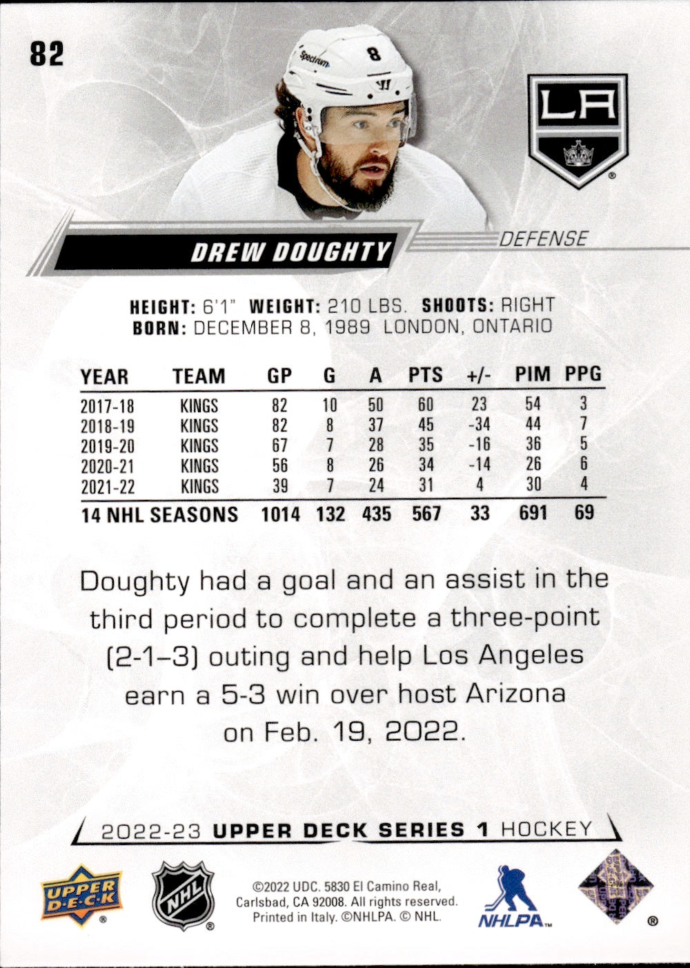 2022-23 Upper Deck Series 1 Hockey Base #82 Drew Doughty - Los Angeles Kings