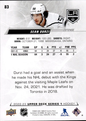 2022-23 Upper Deck Series 1 Hockey Base #83 Sean Durzi - Los Angeles Kings