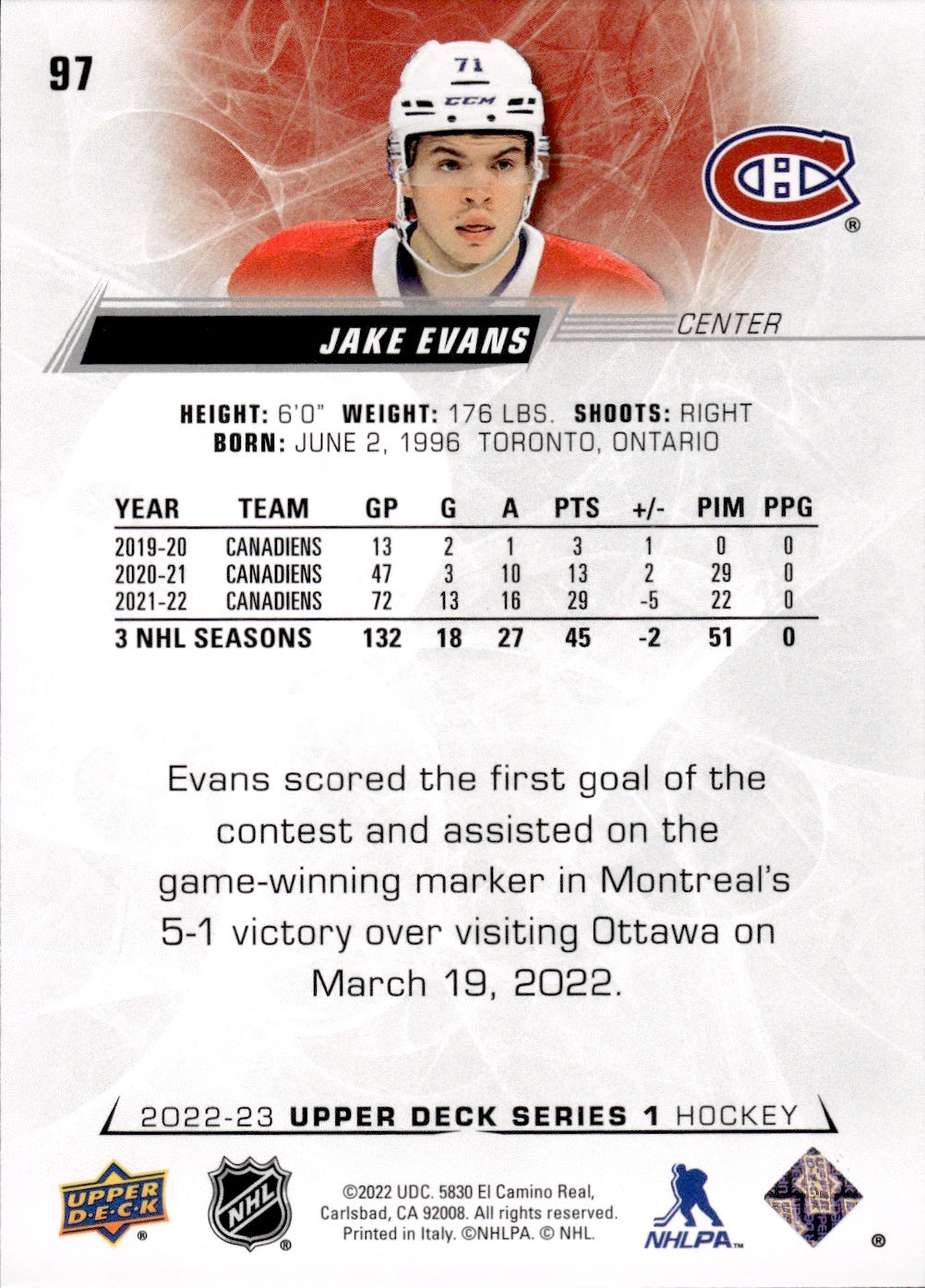 2022-23 Upper Deck Series 1 Hockey Base #97 Jake Evans - Montreal Canadiens