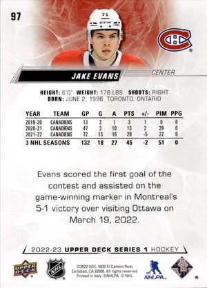 2022-23 Upper Deck Series 1 Hockey Base #97 Jake Evans - Montreal Canadiens