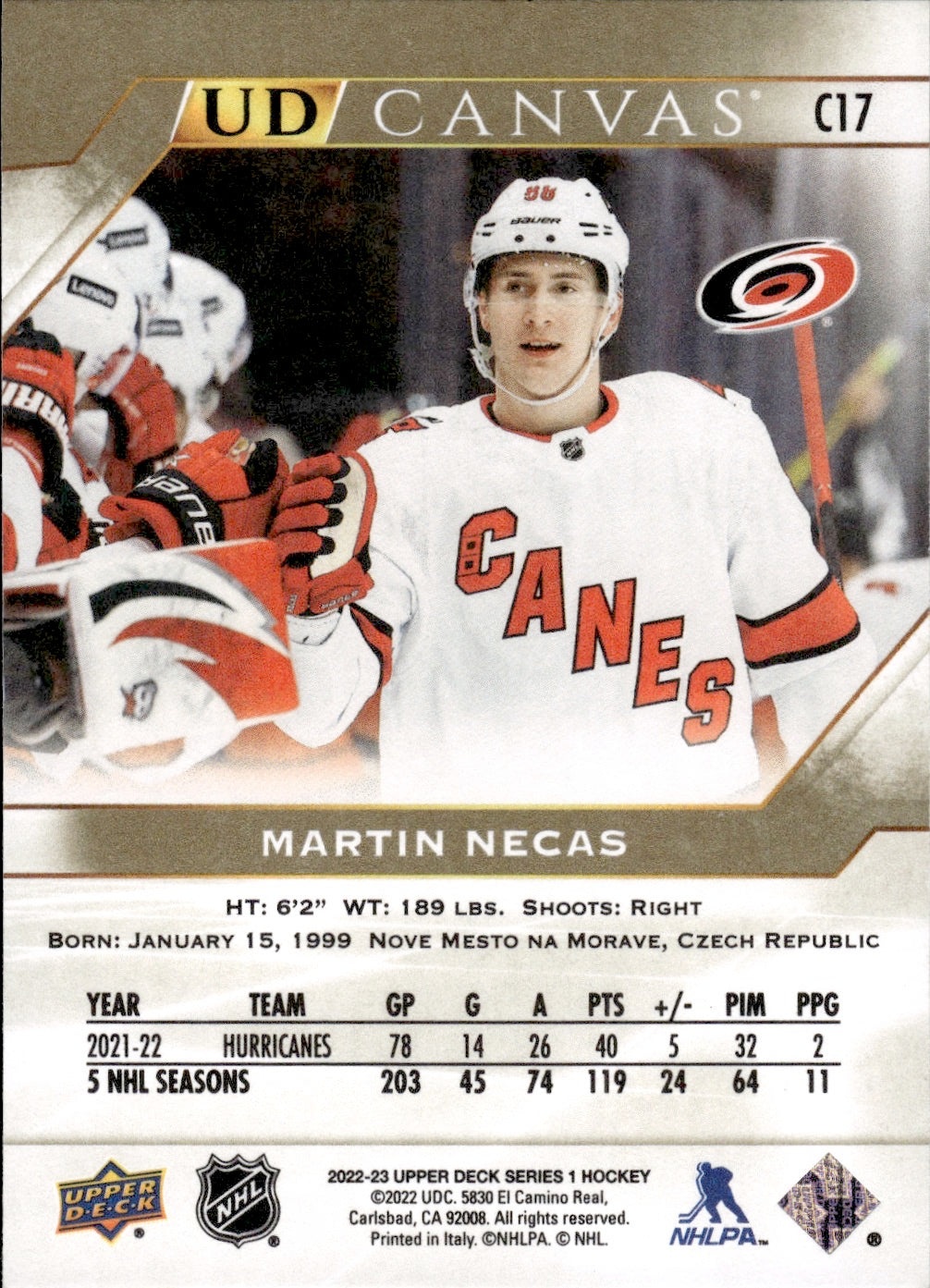 2022-23 Upper Deck Series 1 Hockey Canvas #C17 Martin Necas - Carolina Hurricanes