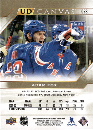 2022-23 Upper Deck Series 1 Hockey Canvas #C53 Adam Fox - New York Rangers