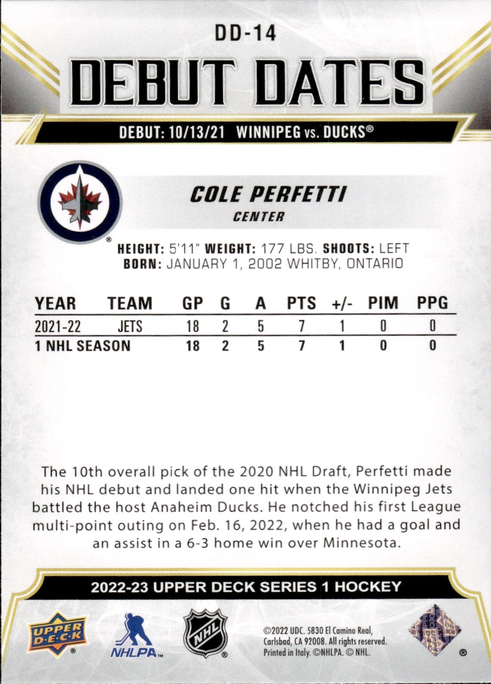 2022-23 Upper Deck Series 1 Hockey Debut Dates #DD-14 Cole Perfetti - Winnipeg Jets