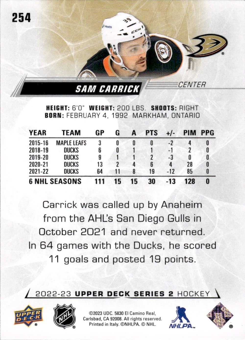 2022-23 Upper Deck Series 2 Hockey Base #254 Sam Carrick - Anaheim Ducks