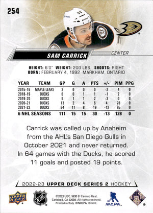 2022-23 Upper Deck Series 2 Hockey Base #254 Sam Carrick - Anaheim Ducks