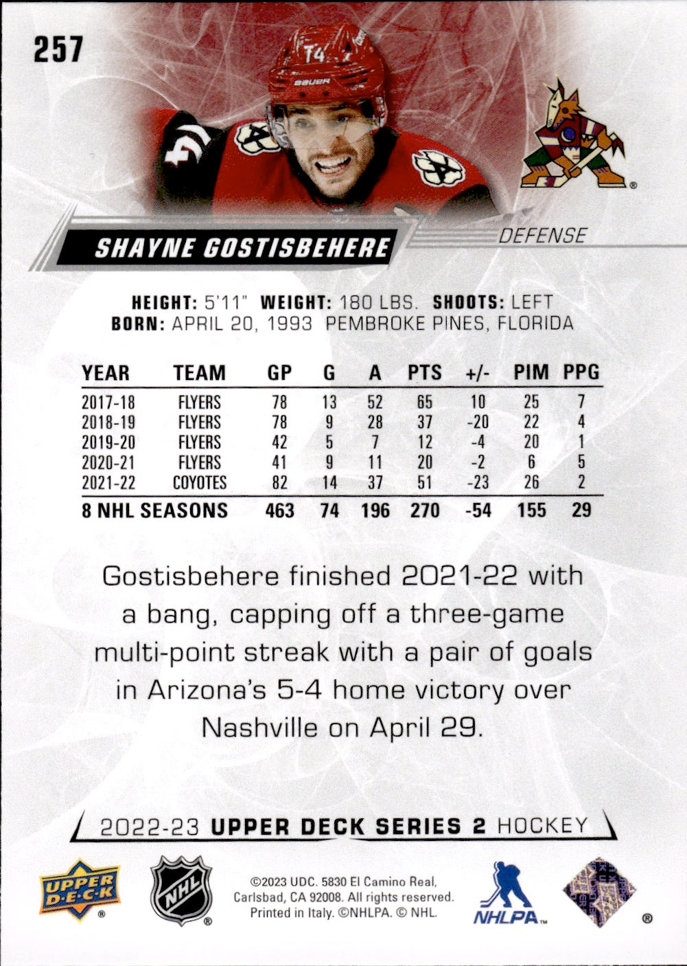 2022-23 Upper Deck Series 2 Hockey Base #257 Shayne Gostisbehere - Arizona Coyotes