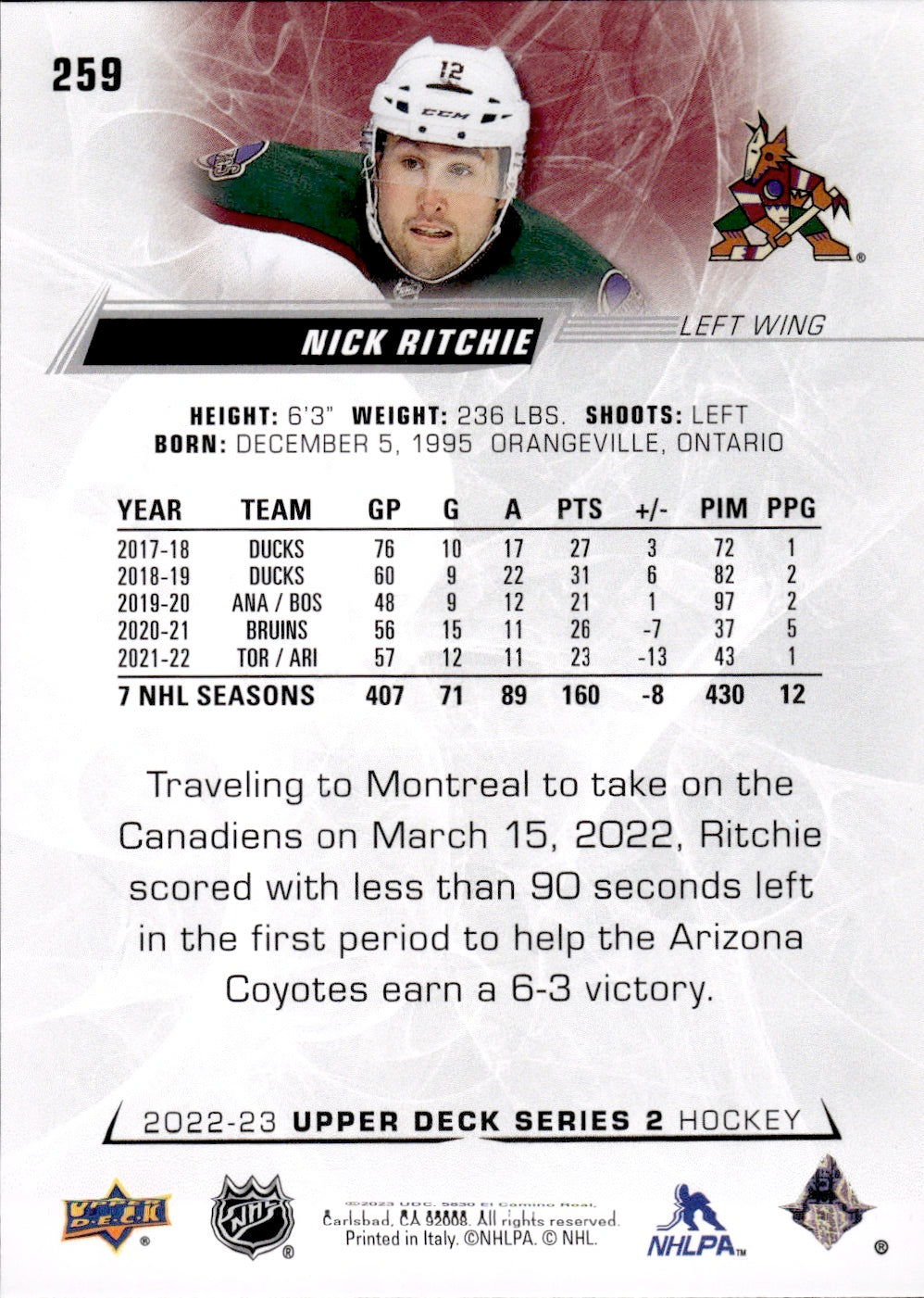 2022-23 Upper Deck Series 2 Hockey Base #259 Nick Ritchie - Arizona Coyotes