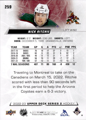 2022-23 Upper Deck Series 2 Hockey Base #259 Nick Ritchie - Arizona Coyotes