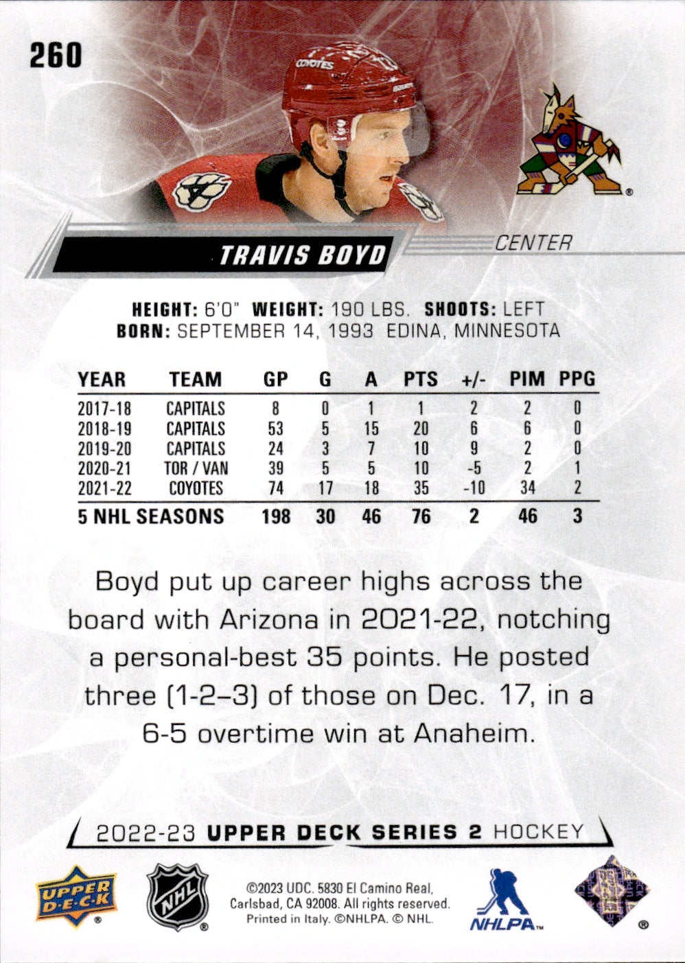 2022-23 Upper Deck Series 2 Hockey Base #260 Travis Boyd - Arizona Coyotes