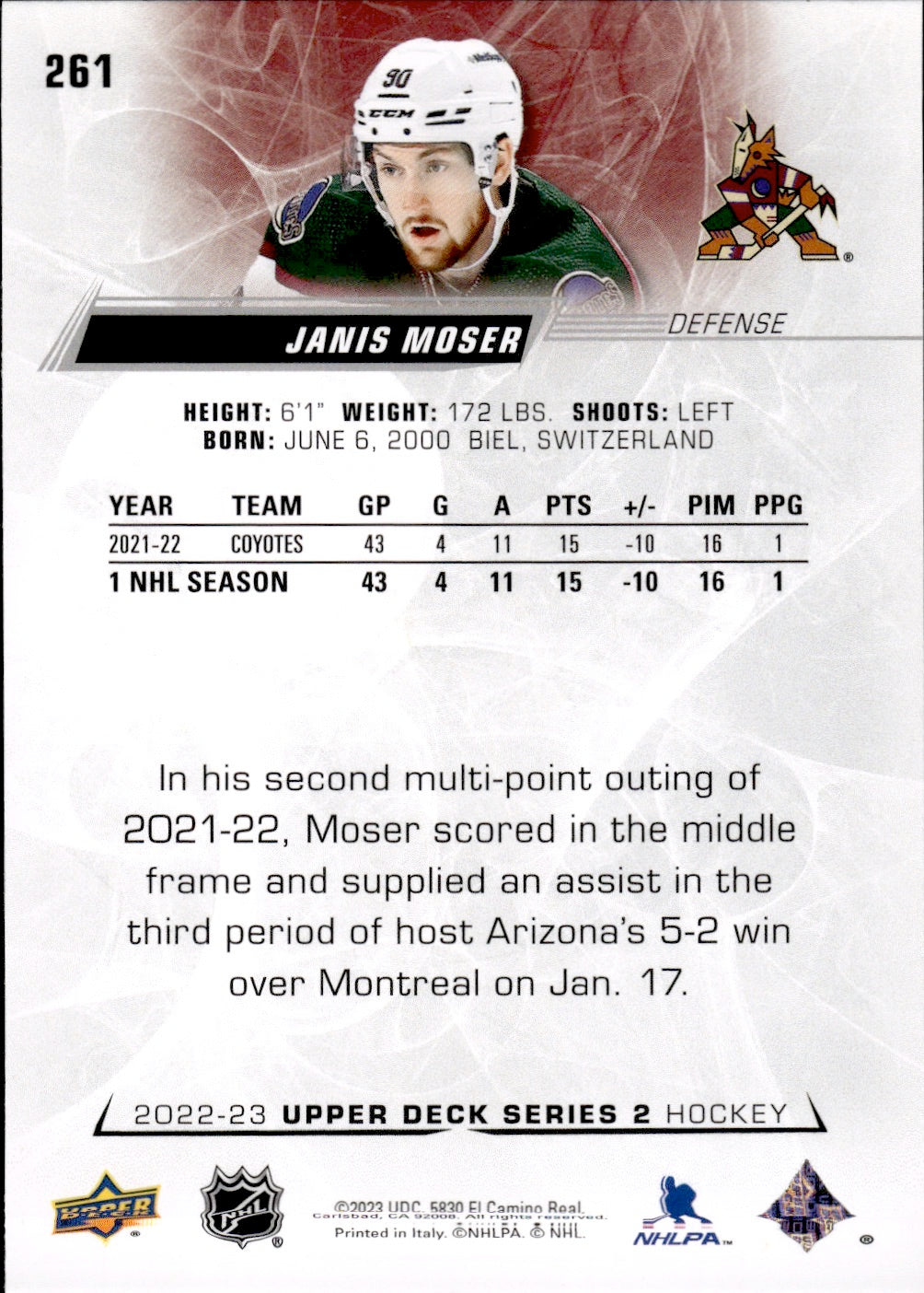 2022-23 Upper Deck Series 2 Hockey Base #261 Janis Moser - Arizona Coyotes