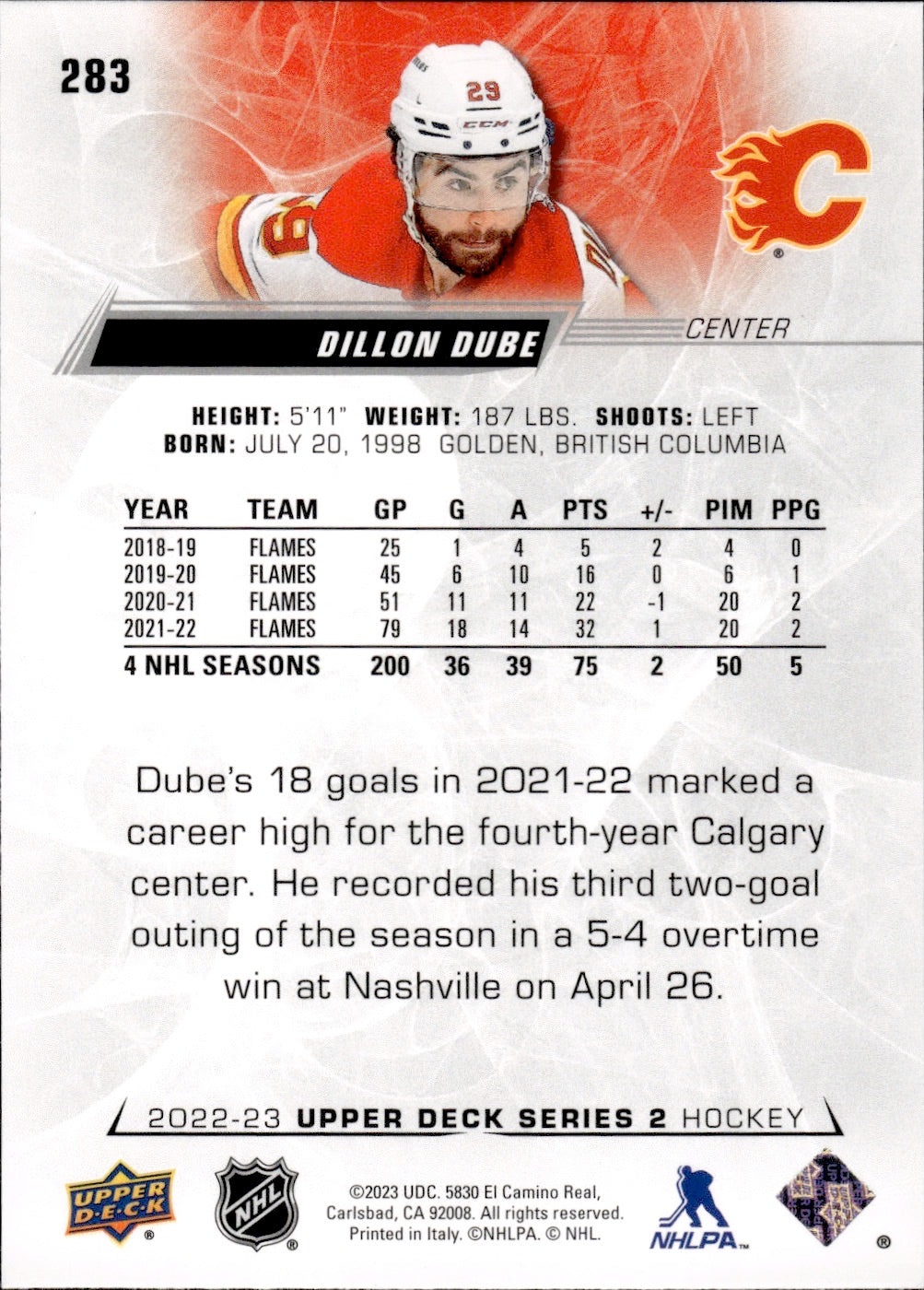 2022-23 Upper Deck Series 2 Hockey Base #283 Dillon Dube - Calgary Flames