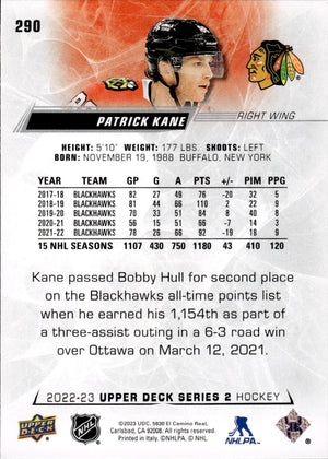 2022-23 Upper Deck Series 2 Hockey Base #290 Patrick Kane - Chicago Blackhawks