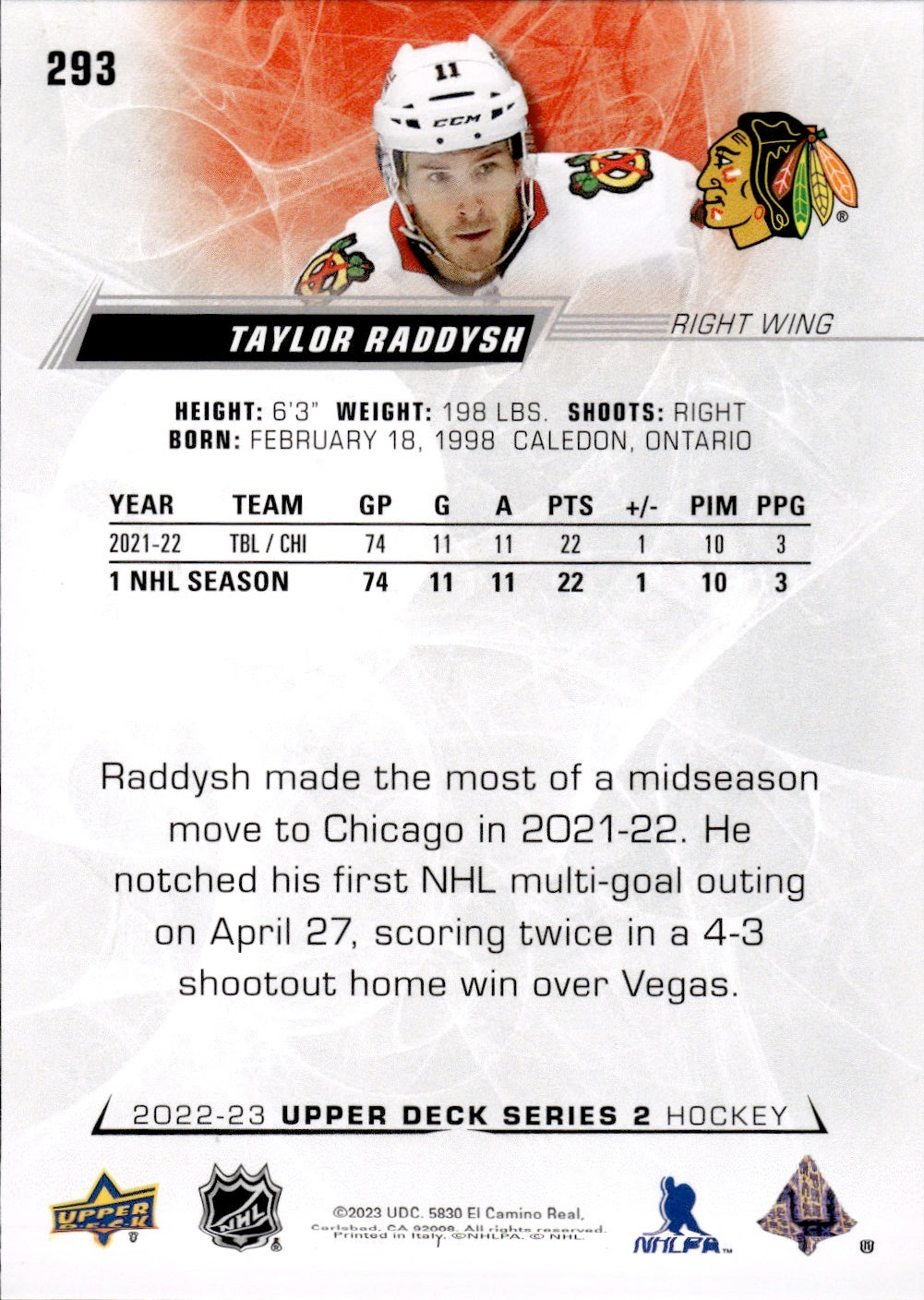 2022-23 Upper Deck Series 2 Hockey Base #293 Taylor Raddysh - Chicago Blackhawks