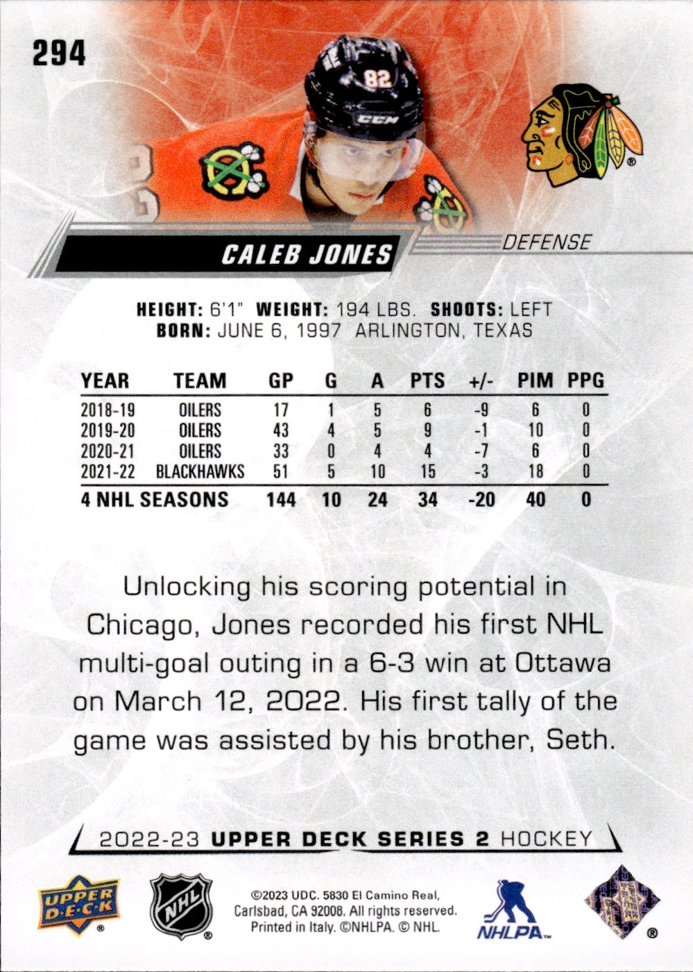 2022-23 Upper Deck Series 2 Hockey Base #294 Caleb Jones - Chicago Blackhawks