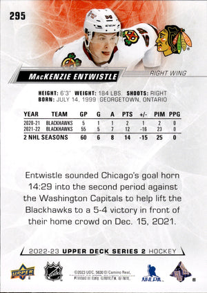 2022-23 Upper Deck Series 2 Hockey Base #295 MacKenzie Entwistle - Chicago Blackhawks