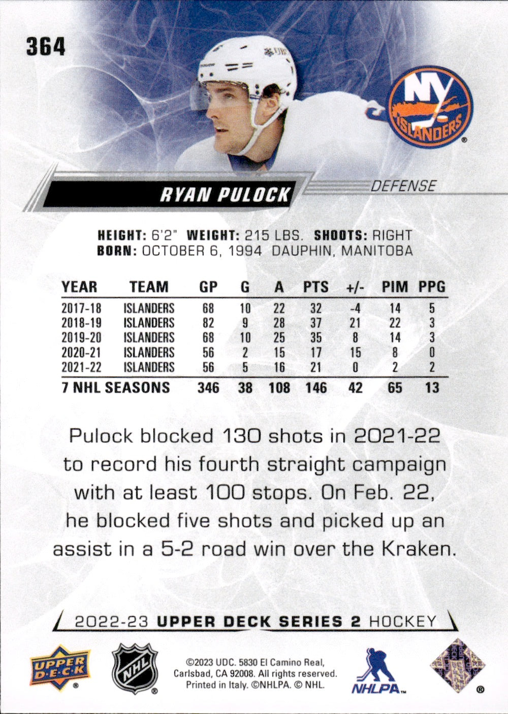 2022-23 Upper Deck Series 2 Hockey Base #364 Ryan Pulock - New York Islanders