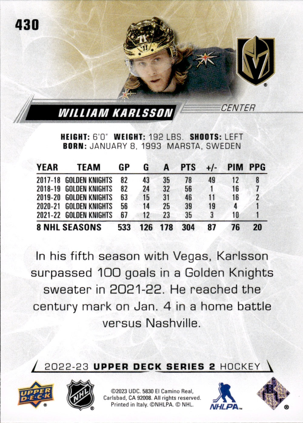 2022-23 Upper Deck Series 2 Hockey Base #430 William Karlsson - Vegas Golden Knights