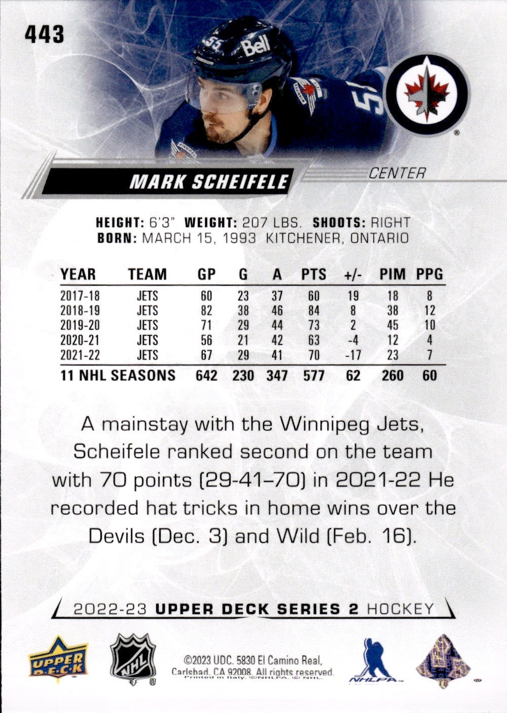 2022-23 Upper Deck Series 2 Hockey Base #443 Mark Scheifele - Winnipeg Jets