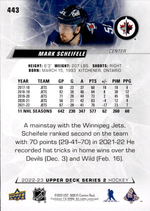 2022-23 Upper Deck Series 2 Hockey Base #443 Mark Scheifele - Winnipeg Jets