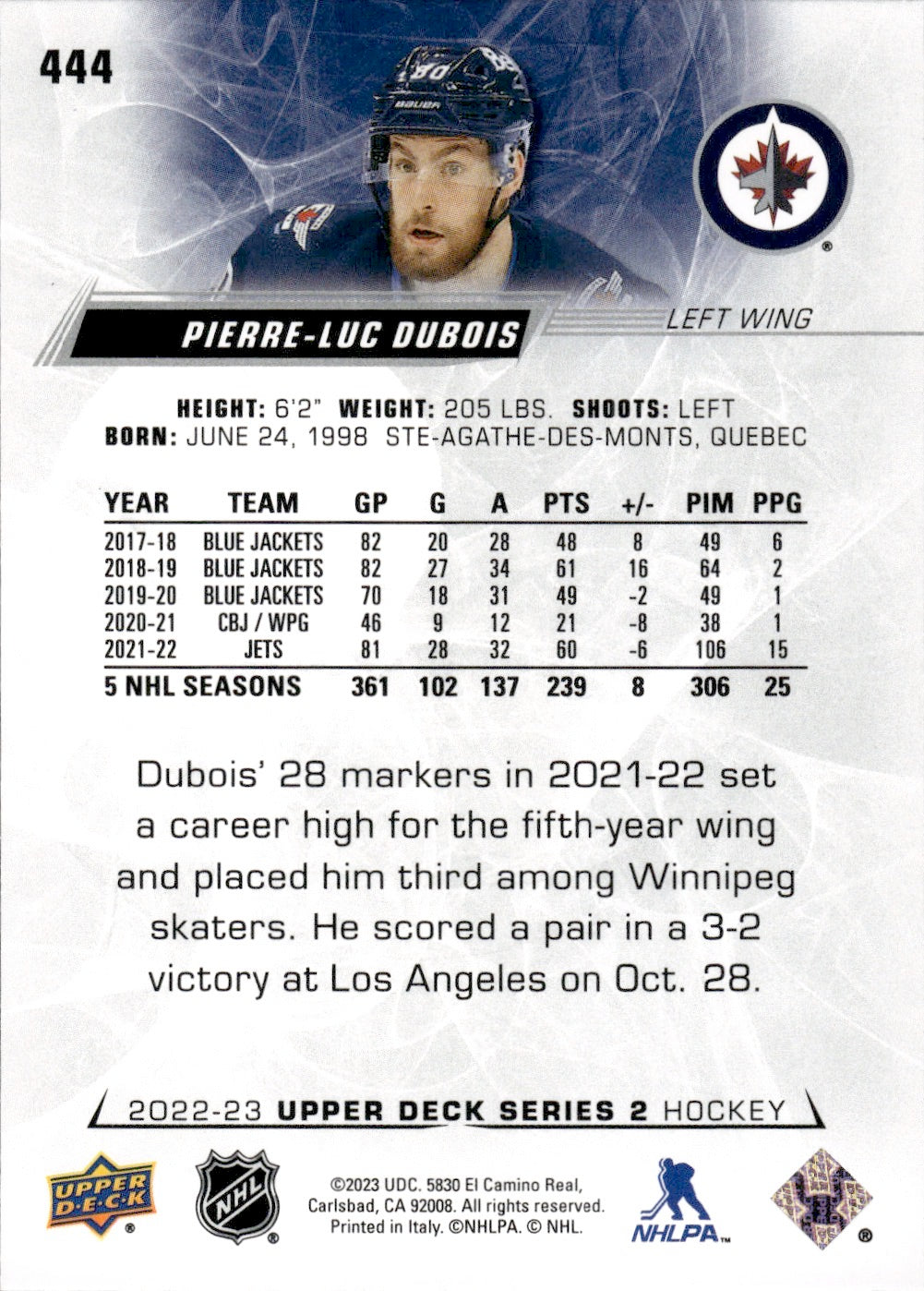 2022-23 Upper Deck Series 2 Hockey Base #444 Pierre-Luc Dubois - Winnipeg Jets