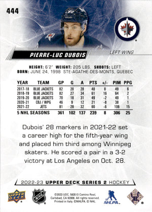 2022-23 Upper Deck Series 2 Hockey Base #444 Pierre-Luc Dubois - Winnipeg Jets