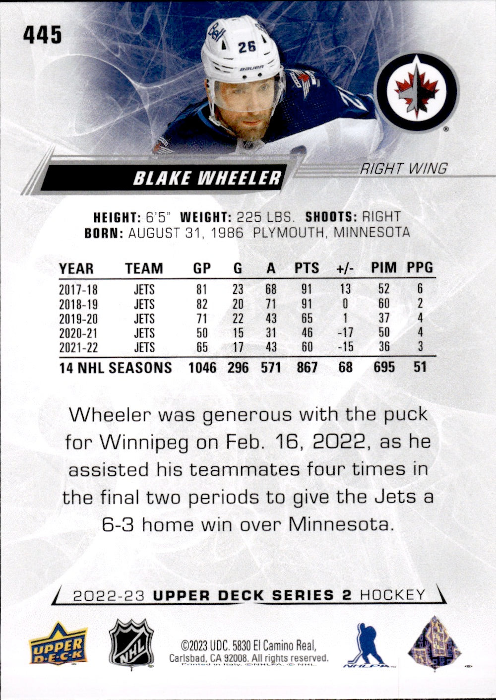 2022-23 Upper Deck Series 2 Hockey Base #445 Blake Wheeler - Winnipeg Jets