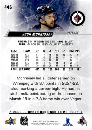 2022-23 Upper Deck Series 2 Hockey Base #446 Josh Morrissey - Winnipeg Jets