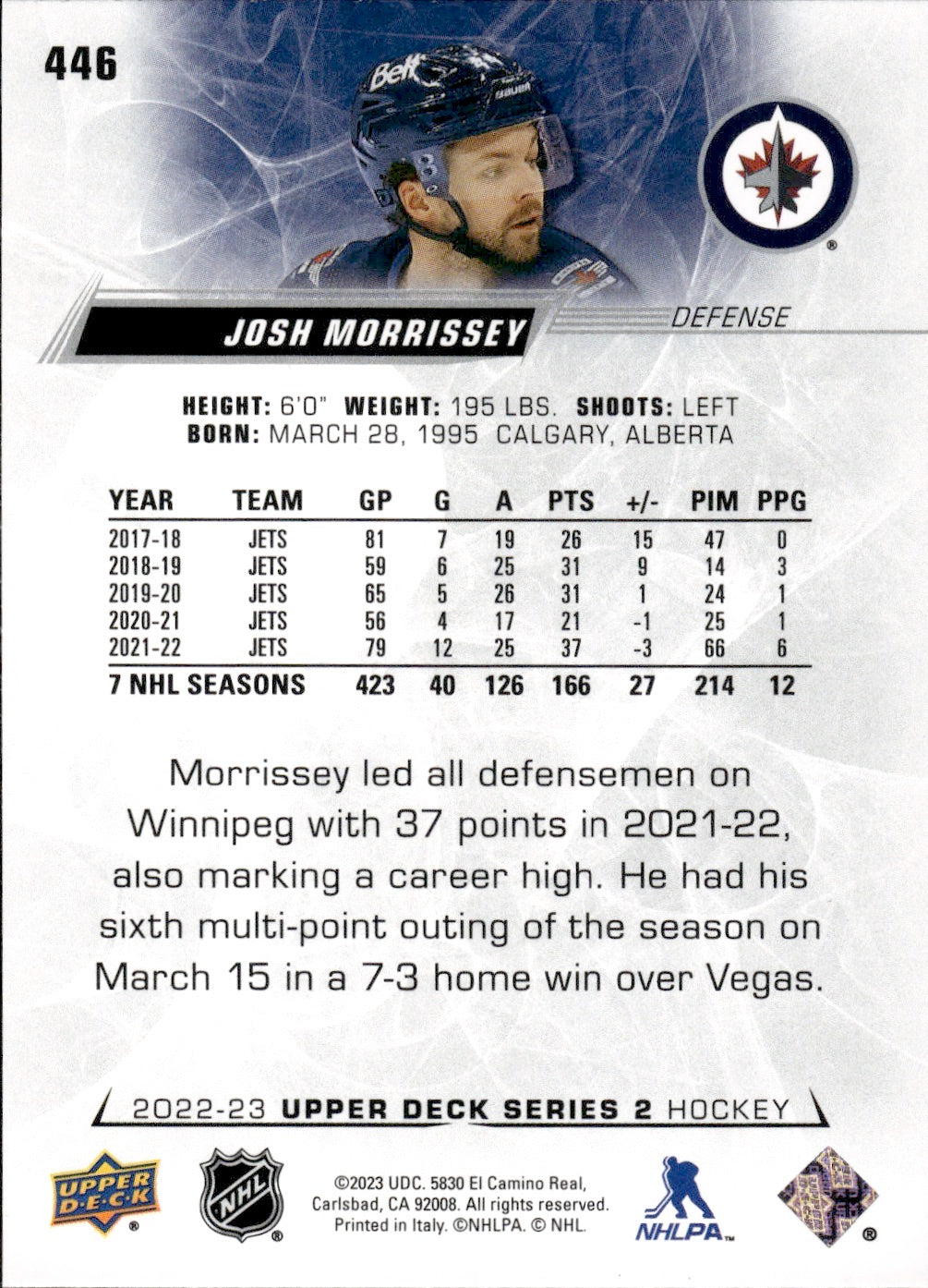 2022-23 Upper Deck Series 2 Hockey Base #446 Josh Morrissry - Winnipeg Jets