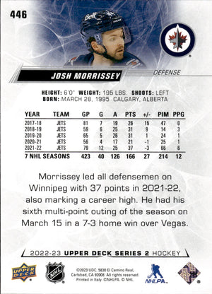 2022-23 Upper Deck Series 2 Hockey Base #446 Josh Morrissry - Winnipeg Jets