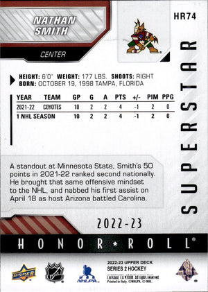 2022-23 Upper Deck Series 2 Hockey Honor Roll #HR74 Nathan Smith - Arizona Coyotes