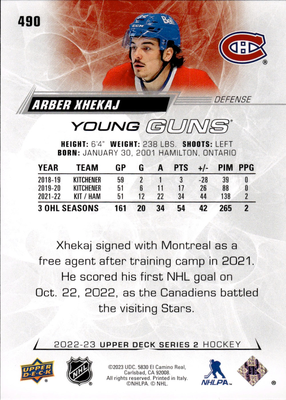 2022-23 Upper Deck Series 2 Hockey Young Guns #490 Arber Xhekaj - Montreal Canadiens