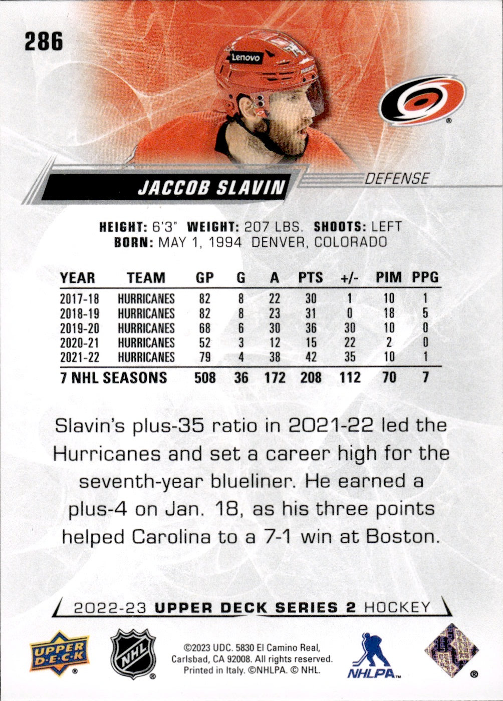 2022-23 Upper Deck Series 2 Hockey #286 Jaccob Slavin - Carolina Hurricanes