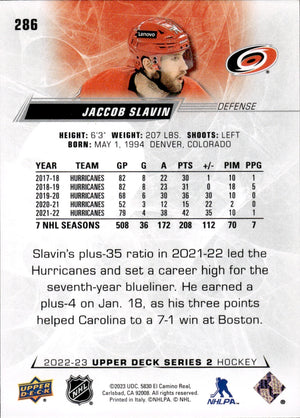 2022-23 Upper Deck Series 2 Hockey #286 Jaccob Slavin - Carolina Hurricanes