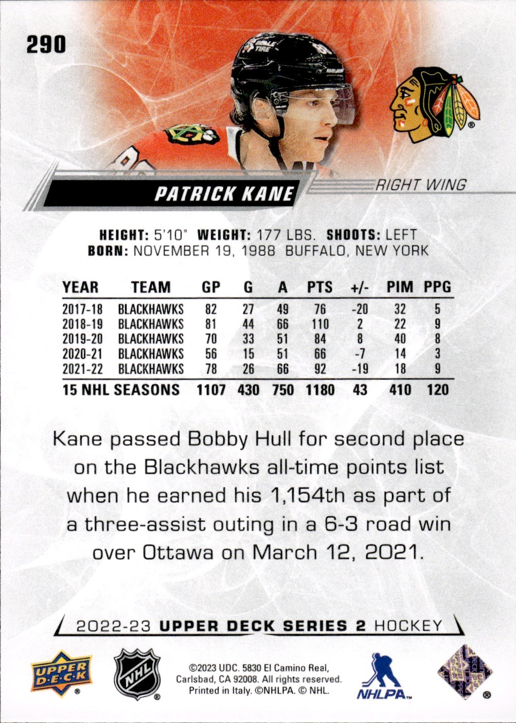 2022-23 Upper Deck Series 2 Hockey #290 Patrick Kane - Chicago Blackhawks