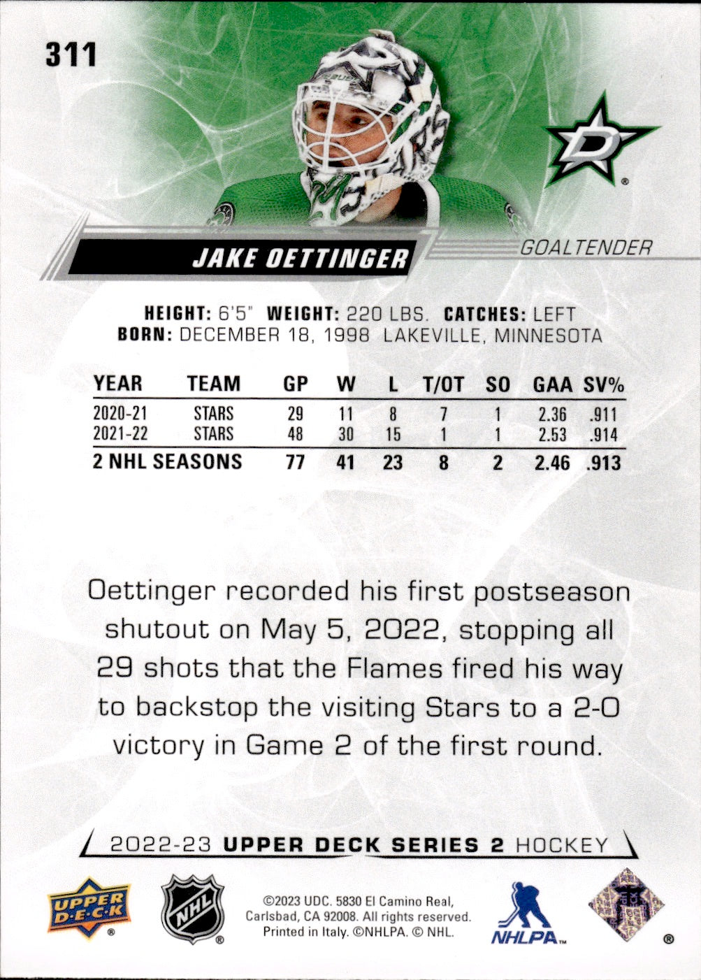 2022-23 Upper Deck Series 2 Hockey #311 Jake Ottinger - Dallas Stars